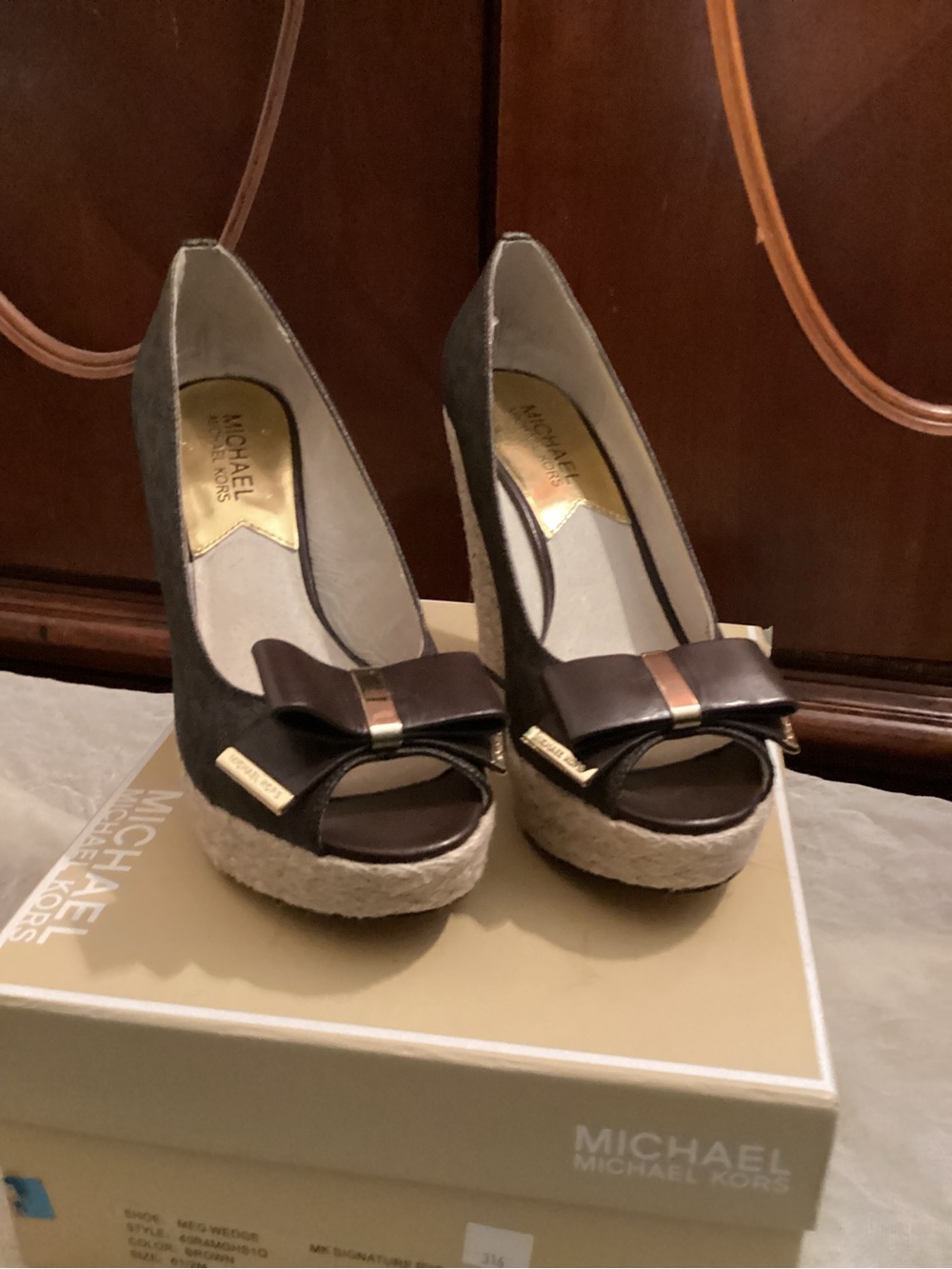 Michael Kors Gray and Brown Espadrille Wedge Peep-Toe with Bow